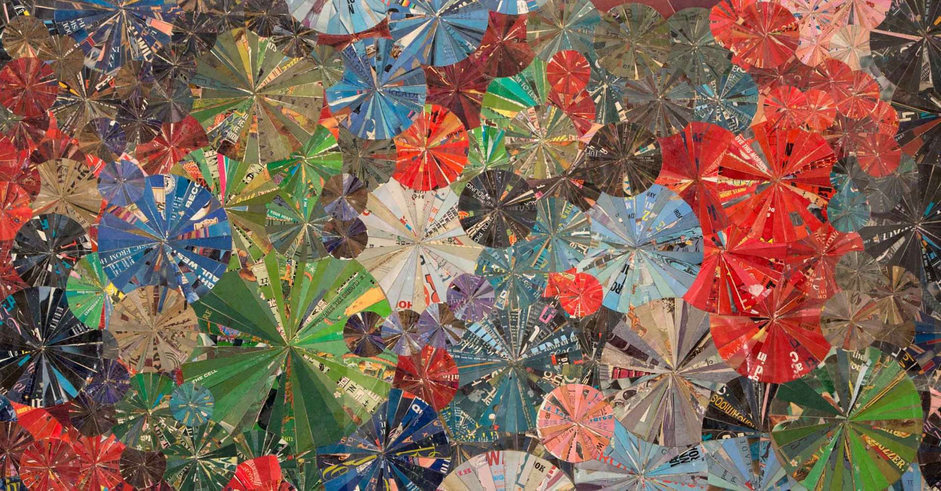 Charles Letscher paper collage of overlapping pinwheel forms in red, blue, and green